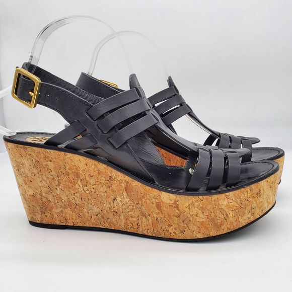 Tory Burch Leslie Black Strappy Cork Wedge Sandals - Picture 7 of 11